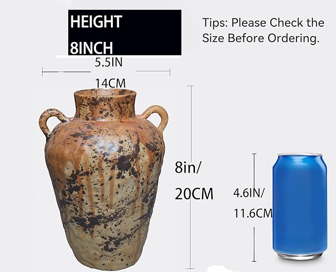 Rustic Pottery Ceramic Vase - Vintage Farmhouse Style Decor, White Grid Ceramic Vases for Home Decor, Modern Farmhouse Decor (Gray black)