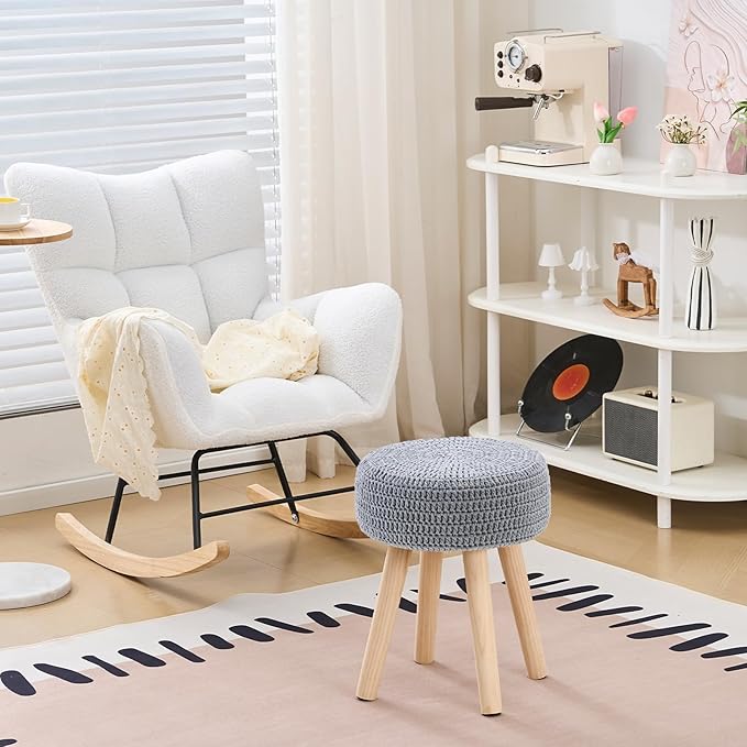 Wimarsbon Pouf Ottoman, 100% Cotton Knitted Boho Footstool, Round Footrest with Non-Skid Wood Legs, Home Décor Handmade Pouffe, Leisure Floor Step Stool for Living Room (Long Leg - Gery)