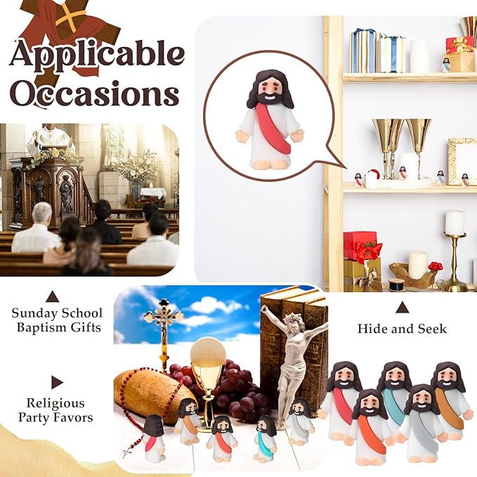 Bememo 100 Pcs Jesus Toys Original Design Mini Rubber Little Jesus Figurine to Hide and Seek Religious Party Favors Sunday School Craft Baptism Gifts for Easter Egg Stuffers (Bohemian Color)