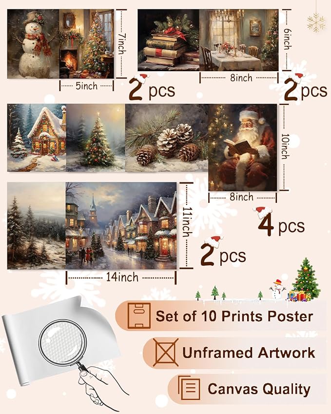 KBKBART Christmas Wall Art Prints Set of 10, Winter Christmas Picture Wall Decor Santa Xmas Tree Forest Canvas Artwork, Snow Scene Street Christmas Aesthetic Posters for Bedroom, Vintage Christmas Holiday Decor - Unframed