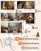 KBKBART Christmas Wall Art Prints Set of 10, Winter Christmas Picture Wall Decor Santa Xmas Tree Forest Canvas Artwork, Snow Scene Street Christmas Aesthetic Posters for Bedroom, Vintage Christmas Holiday Decor - Unframed