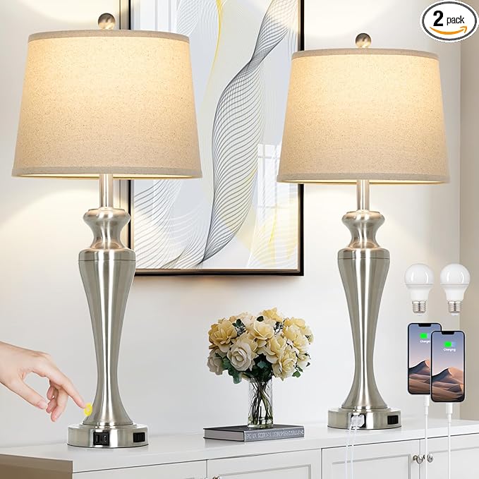30" Silver Table Lamps Set of 2, 3-Way Dimmable Touch Living Room Lamp with USB A+C Ports and AC Outlet, Modern Brushed Nickel Bedroom Lamps, Tall Metal Bedside Lamp for Nightstand Side Table