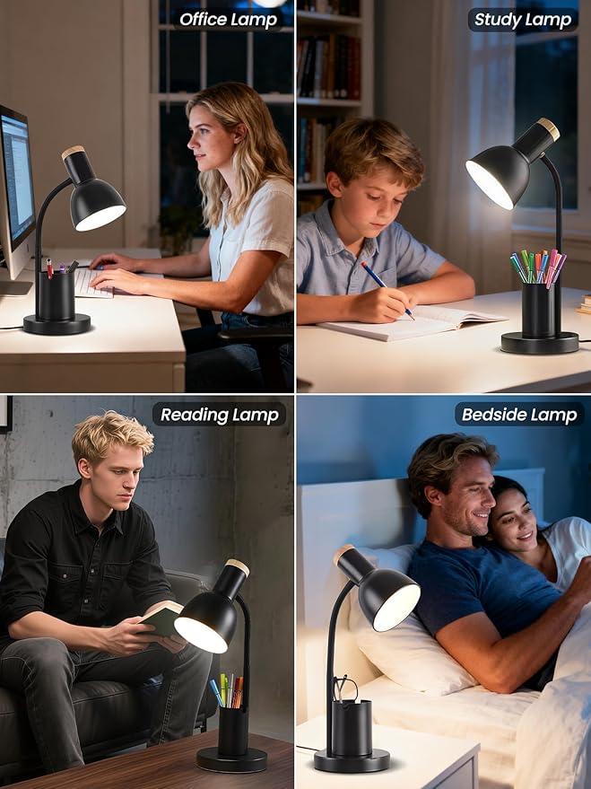 LED Desk Lamp with Pen Holder, Eye-Caring Desk Light 3 Color Modes Reading Light Flexible Gooseneck Metal Study Lamp, Cute Table Lamps for Home Office Bedside Dorm(Black Lamp)