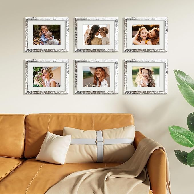 Vittanly 8.5x11 Picture Frames Set of 9, Shatter Resistant Plexiglass, Display 6x8 Pictures with Mat or 8.5x11 without Mat, Photo Frames for Wall or Tabletop, Engineered Wood, Distressed White