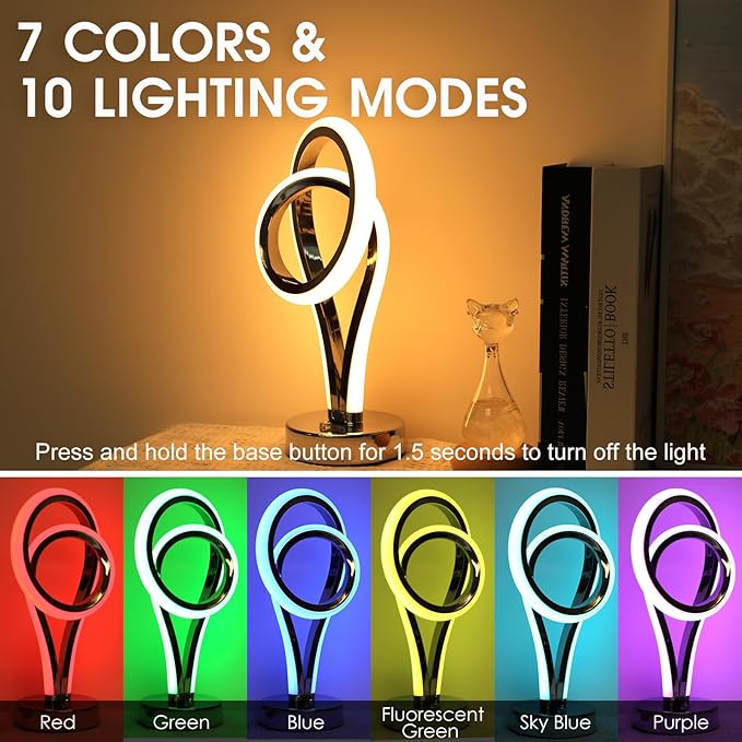 Energetic Modern Spiral Table Lamp, Touch Control Dimmable LED Nightstand Lamp, 7 RGB LED Colors & 10 Light Modes Bedroom lamp, Unique Design Lamps for Home Decor Living Room Bedroom Office