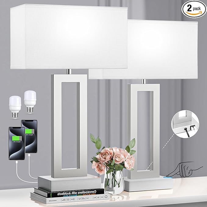 Seealle 22" Tall Bedroom Lamps for Living Room - Touch Brushed Nickel Bedside Lamps with USB C+A, 3 Way Dimmable Lamp for Nightstand, Modern Night Stands Lamps for End Tables(White&Silver)
