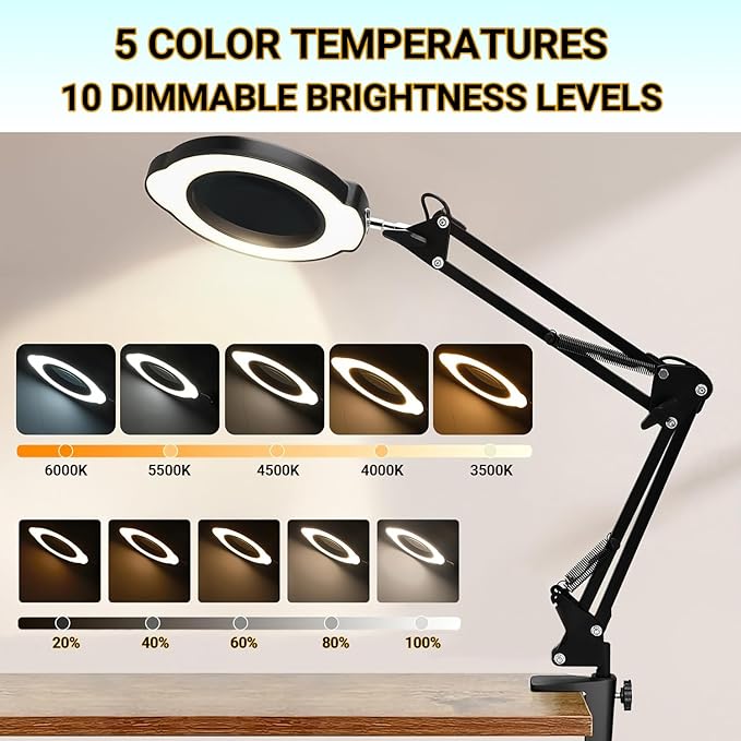 15X Magnifying Glass Desk Lamp with Clamp, Real Glass Lens with Dust Cover, 84 LEDs, 5 Color Modes, 10 Brightness Dimmable, Long Flexible Swing Arm Magnifier for Reading, Crafting, Repair, Close Works