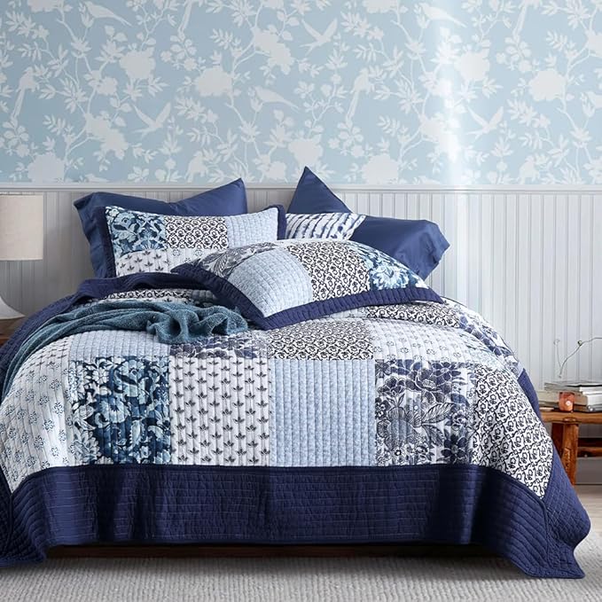 ENASAL Cotton Bedspread Quilt Sets Reversible Bedding Coverlet Sets Luxury Blue White Floral Real Patchwork Bedspread, Queen Size