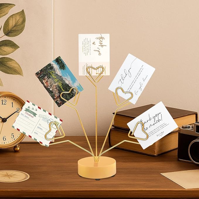 Desktop Heart-Shaped Photo Tree Style Holders Round Base,5-Branch Family Picture Frame Clips Holder Desk Card Display Stand for Christmas,Wedding, Birthday Party,Gift (Golden)