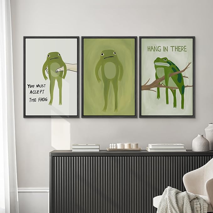 SIGNWIN Framed Canvas Print Wall Art Whimsical Frog Humorous Green Frog Photography Modern Art Minimalist Black and White for Living Room, Bedroom, Office - 24"x36"x3 Black