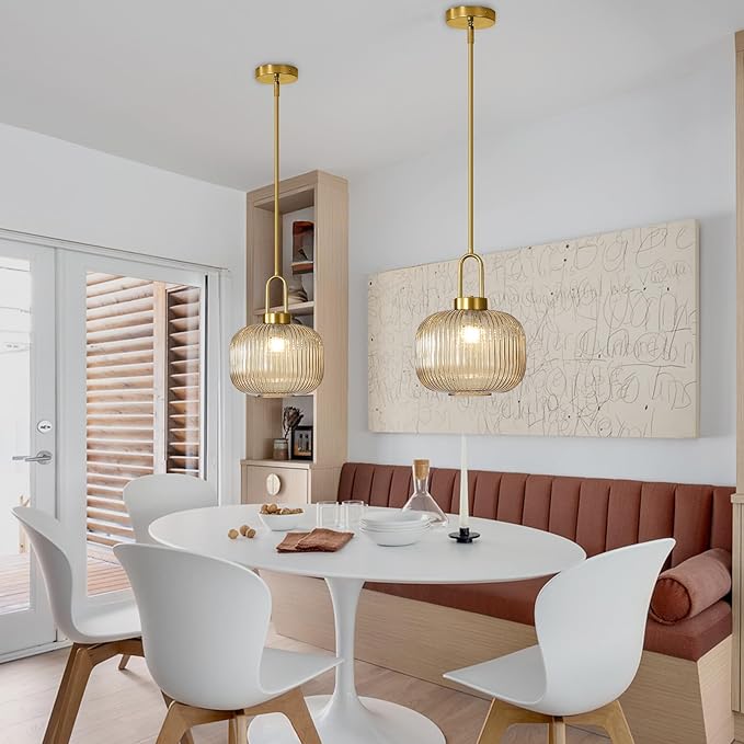 Modern Amber Glass Pendant Light Fixtures, Mid Century Pendant Lights for Kitchen Island, 9.8" Gold Adjustable Height Ceiling Hanging Light Fixtures for Dining Room Entryway Bedroom Foyer Hallway