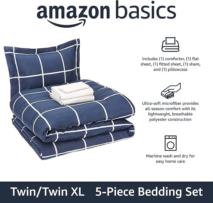 Amazon Basics Twin/Twin XL Comforter Set with Sheets, 5-Piece Navy with Grey Plaid Bedding, Lightweight Microfiber Bed-in-a-Bag