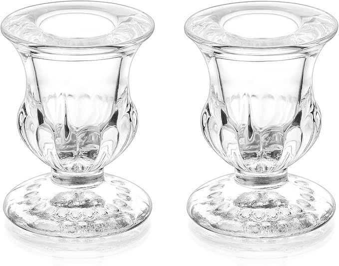 Romadedi Glass Taper Candle Holders - Clear Small Candlestick Holder Bulk, Thicker Glass Candle Sticks Set for Wedding Christmas Party Dining Table Table Centerpiece Decor, 2Pcs