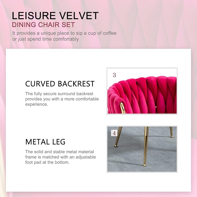 Nrizc Woven Dining Chairs Set of 2, Velvet Upholstered Dining Chairs with Gold Metal Legs, Modern Accent Chairs for Living Room, Dining Room, Kitchen (Rose Red)