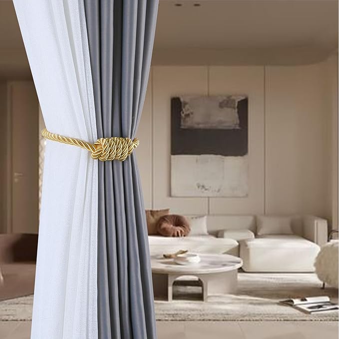 Fenghuangwu 2Pack Magnetic Curtain Tiebacks – Bohemian Style Handmade Woven Tie-Backs for Drapes,Elegant Exquisite Knot Holdbacks,Outdoor Boho & Modern Home Decor（Gold