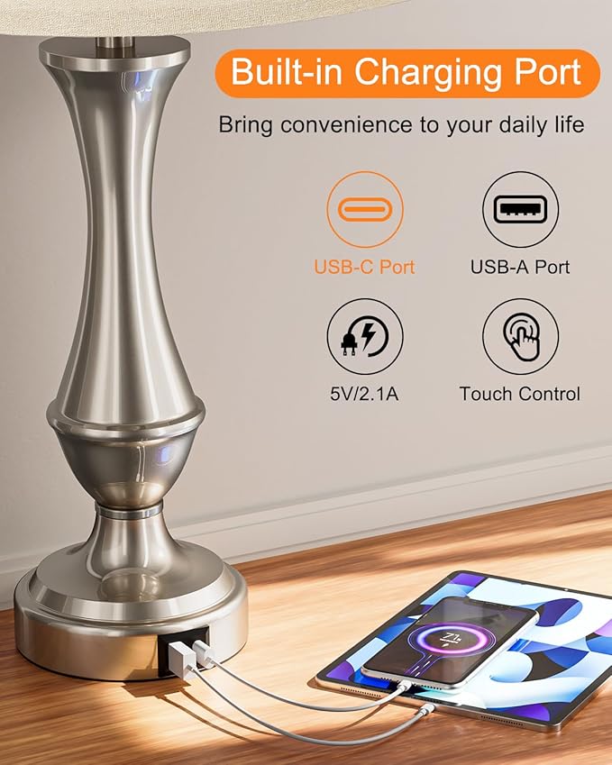 Upgraded Touch Lamps for Night Stands Set of 2 - Bedside Lamps with USB C+A, 3 Way Dimmable for Bedroom Living Room End Tables Office (White&Nickel)