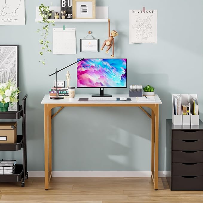 PayLessHere | 39 Inch Computer Desk | White Gold | Office Desk with Metal Frame, Adjustable Feet | Water-Resistant, Scratchproof Surface | Sturdy Writing Table for Home Office or Study | Pack of 1