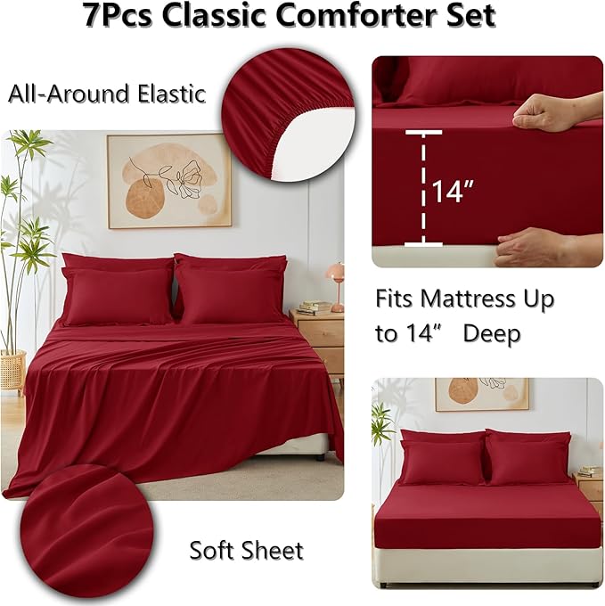 CozyLux King Size Comforter Set Dark Red - 7 Pieces Bed in a Bag King, Luxury Soft Bed Set for All Seasons, Bedding Set with Down Alternative Comforter, Sheets, Pillowcases & Shams
