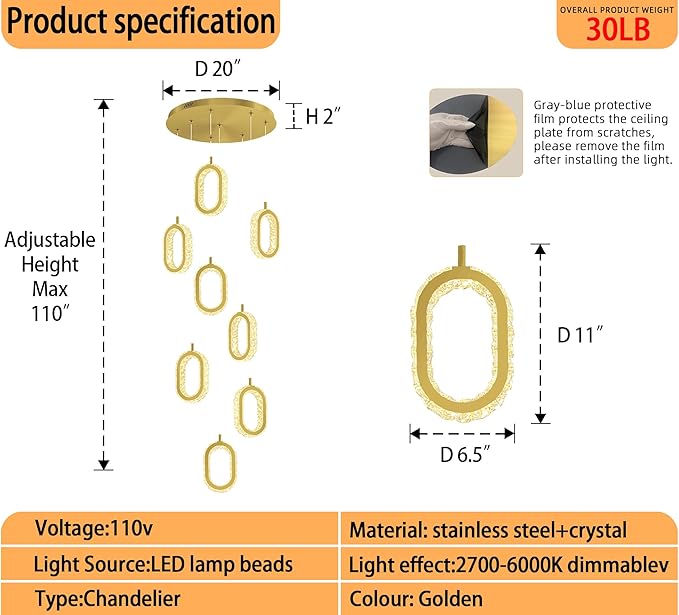 Gold 8 Rings Crystal Chandelier for Foyer Stairwell High Ceiling Chandelier Dimmable Oval Crystal Ring Pendant Light