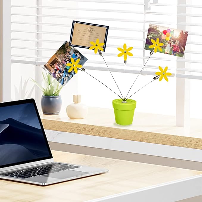 Cute Flower Table Card Memo Holder Stand,1 Pcs Photo Clips Holder Desk Stand for Memo Paper Note Monmory Photo Christmas Wedding Display with Flowerpot Shaped Plastic Base (Yellow)