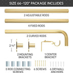 Blackout Curtain Rod Wrap Around Design - Adjustable 66-120 Inches - Wall/Ceiling Mount - Heavy Duty Metal - Room Darkening French Return Drapery Hardware - Modern Minimalist Bracket - Brushed Gold