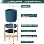 D'vine Dev Ceramic Planter with Natural Stand - 12 Inch Modern Round Flower Pot with Wood Planter Holder, Teal, 55-B-J-4