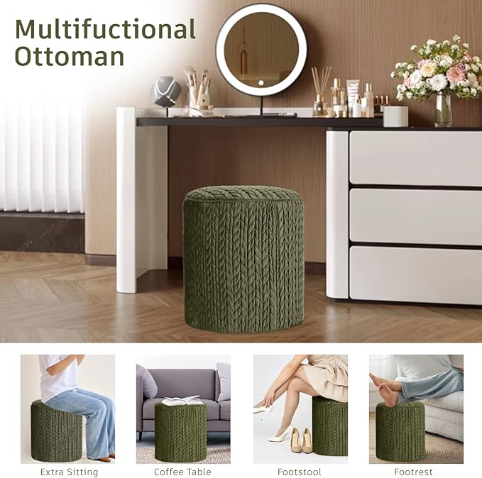 Modern Round Ottoman, Braided-Tufted Foot Stool Ottoman, Velvet Upholstered Vanity Stool for Makeup, Bedroom, Living Room, Dark Green