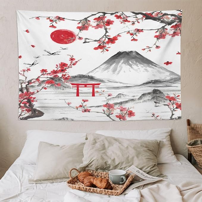 Red Cherry Blossoms Tapestry, Japanese Fuji Mountain Tapestry, Asian Japanese Wall Tapestry, Nature Landscape Tapestries for Bedroom Living Room Decor 90"x60"