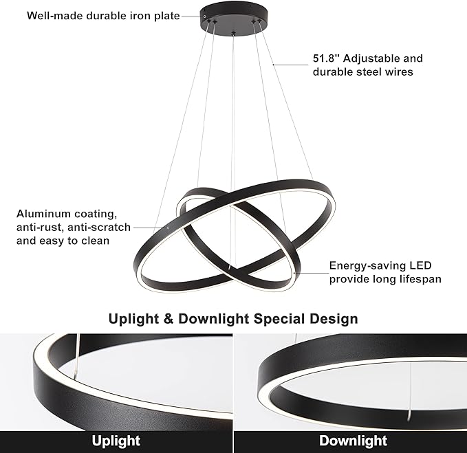 Modern Led Chandelier, 2 Rings Contemporary Chandelier Circular Pendant Light, Black Dimmable Hanging Ceiling Light Fixture for Living Dining Room