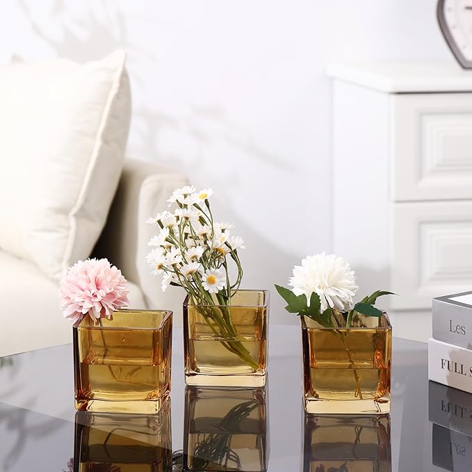 Square Flower Vases Set of 4, 3"x 3"x 3" Glass Vases for Centerpieces, Amber Vase for Flowers, Small Vase for Wedding, Party, Home Office Decoration