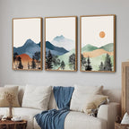 SIGNINART Boho Mountains Framed Canvas Wall Art Set of 3, Watercolor Nature Landscape Art Prints, Neutral Modern Sunrise Art Paintings, Green Forest Wall Decor for Living Room Bedroom Office 24"x36"x3