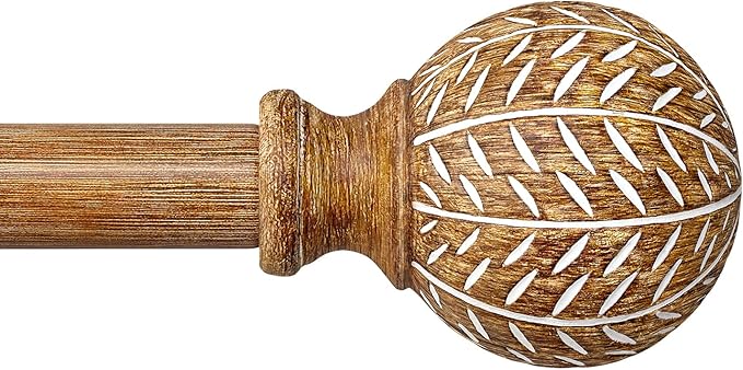 Wood Curtain Rods for Windows,1'' Diameter Drapery Rods with Imitation Wood Grain Leaf Pattern Finials,Boho Adjustable Heavy Duty Curtain Rods Set,18-45'',Color:Natural Wood