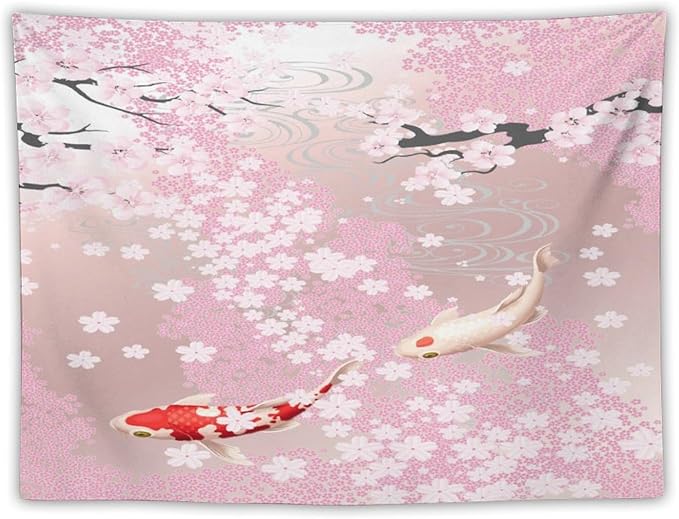 Houselerax Japanese Koi Fish Tapestry, Cherry Blossoms Asian Oriental Pink Flower Branch Koi Fish Carp Tapestries Wall Hanging for Bedroom Living Room Office Decor 60"x50"