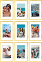 Vittanly 11x17 Picture Frames Set of 9, Shatter Resistant Plexiglass, Display 8x12 Pictures with Mat or 11x17 without Mat, Photo Frames for Wall Mount, Engineered Wood, Gold