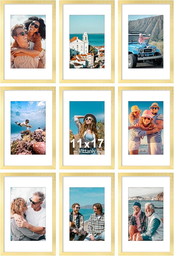 Vittanly 11x17 Picture Frames Set of 9, Shatter Resistant Plexiglass, Display 8x12 Pictures with Mat or 11x17 without Mat, Photo Frames for Wall Mount, Engineered Wood, Gold