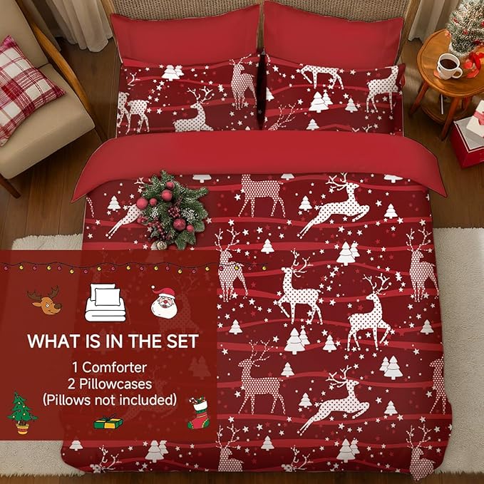Christmas Comforter Set Full Size,Red Christmas Bed Set with Reindeer Stars Bedding for Holiday, 3 Pieces 1 Reversible Comforter and 2 Pillowcases