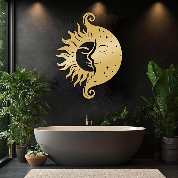 Tuglona Sun and Moon Metal Wall Art, Sun Metal Wall Decor, Moon Wall Art, Boho Wall Decor, Celestial Wall Decoration, Modern Celestial Wall Hanging, Bathroom Wall Hanging (Silver, 41"x32"/105x80cm)