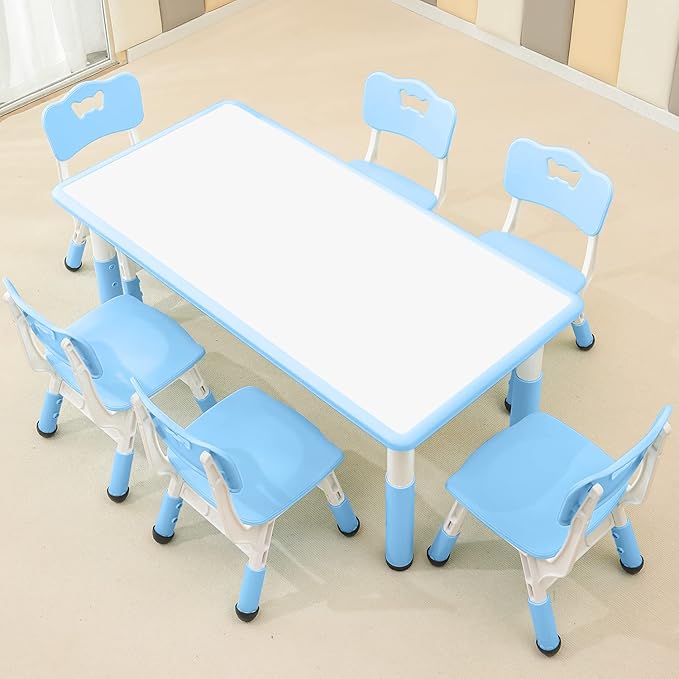 Children's Table and Chair Set Suitable for Boys and Girls Age 2-12 Height Adjustable Table top Can be Painted with 6 Seats Suitable for Family Learning Daily use (Sky blueBlue)