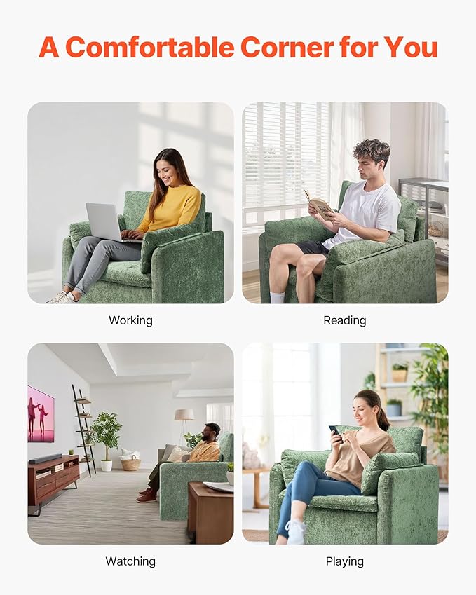 VEVOR Oversized Accent Chair, Armchair with Padded Arms, Comfy Single Sofa Chair, Modern Reading Lounge Chairs for Living Room, Bedroom, Green