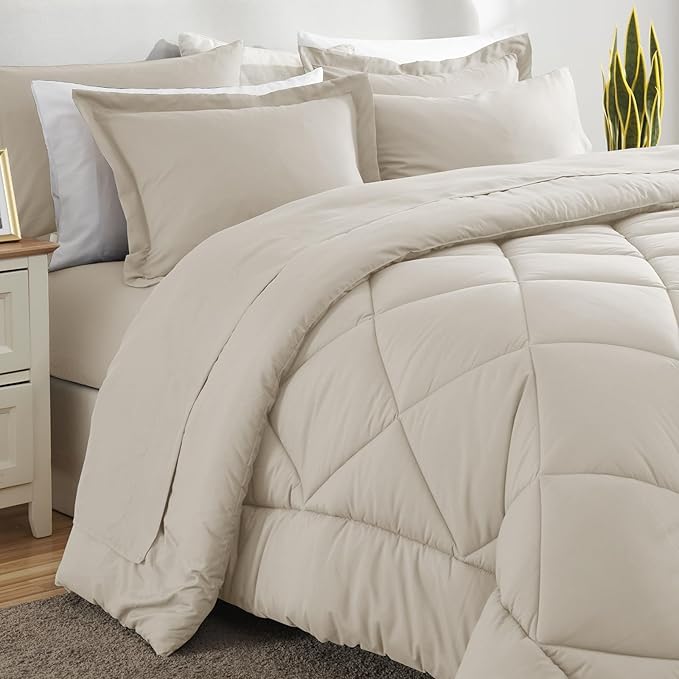 CozyLux Oversized King Comforter Set Beige - 7 Pieces Bed in a Bag Comforter Set with Sheets, Luxury Soft Bed Set All Seasons, Bedding Set with Down Alternative Comforter, Sheets, Pillowcases & Shams