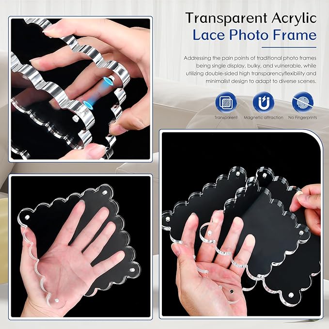 3Pack Clear Magnetic Picture Frames 5×5 Inch - Scalloped Picture Frame with 10+10mm Thick Block, Double-Sided Clear Display | Trendy Home Decor & Modern Gift Idea (3Pack, 5×5)