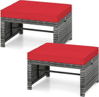 Tangkula 2 Pieces Patio PE Rattan Ottomans, Multipurpose Outdoor Footstool Footrest Additional Seating Side Table with Soft Zippered Cushions for Deck, Garden, and Yard (Red)