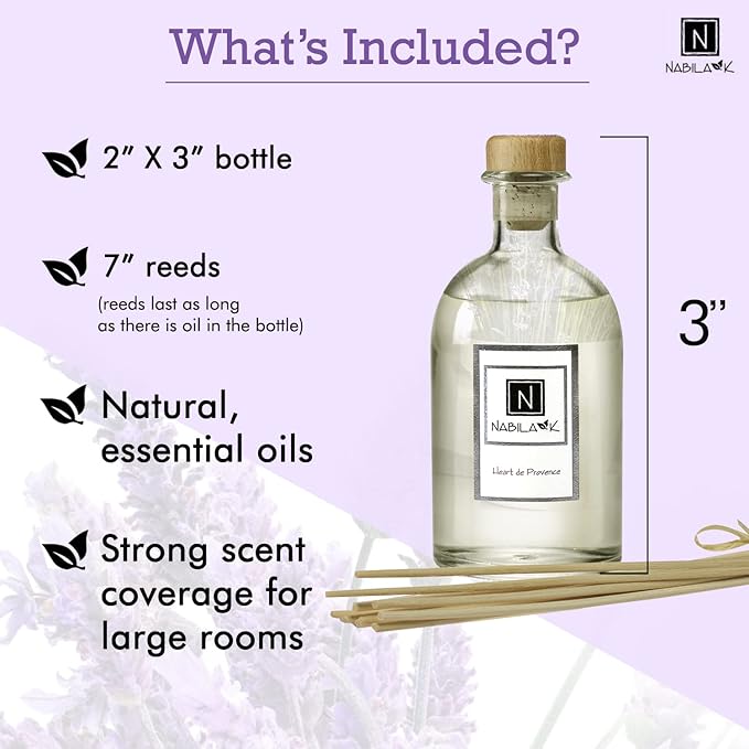 Nabila K Heart de Provence Reed Diffuser Set – French Lavender Aromatic Oil for Home – Long-Lasting, Smokeless Scent – Made in USA – Includes Reeds + Bottle – Flameless Candle Alternative
