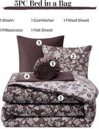 Full Comforter Set -7 Pieces Floral Dark Purple Comforter Set for All Seasons, Bed in a Bag Full with Botanical Flowers Comforter, Sheets, Pillowcases & Shams