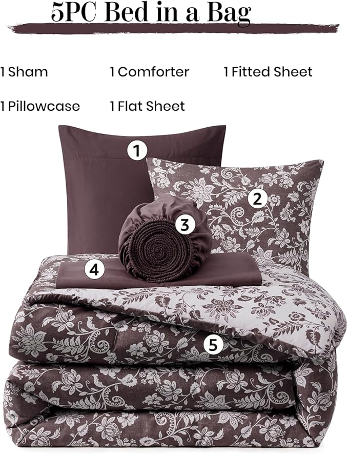 Full Comforter Set -7 Pieces Floral Dark Purple Comforter Set for All Seasons, Bed in a Bag Full with Botanical Flowers Comforter, Sheets, Pillowcases & Shams