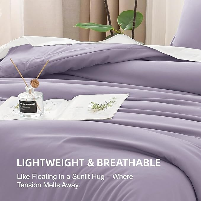 Litanika Grayish Lavender Purple Comforter Set King Size, 3 Pieces Lightweight Solid Bedding Comforter Set, All Season Fluffy Bed Set (104x90In Comforter & 2 Pillowcases)