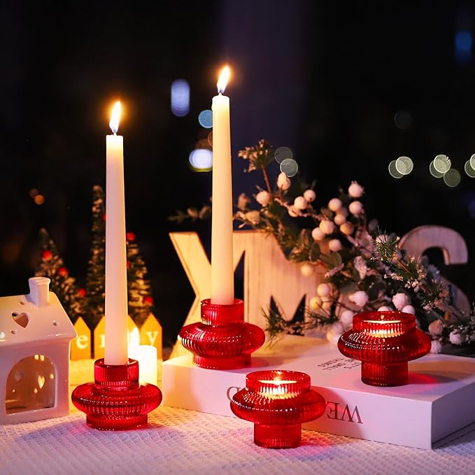 VOHO Vintage Red Candlestick Holders for Christmas Decorations, 6pcs Stackable Candle Stick Candle Holder for Valentines Day Decoration, Ribbed Taper Candle Holders for Candlesticks & Tea Lights