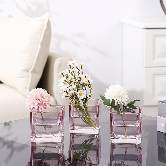 Square Flower Vases Set of 4, 3"x 3"x 3" Glass Vases for Centerpieces, Pink Vase for Flowers, Small Vase for Wedding, Party, Home Office Decoration