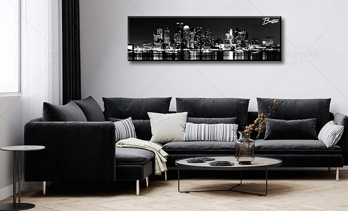 DJSYLIFE Boston Skyline Wall Art Canvas Wall Art Black and White Modern Panoramic Cityscape Pictures Paintings for Bedroom Office Decor, Ready to Hang 13.8"x47.3"