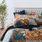 Cotton Bedspread Quilt Sets Reversible Bedding Coverlet Sets 3 Pieces Paisley Vintage Floral Yellow Blue Patchwork Bedspread, Queen Size